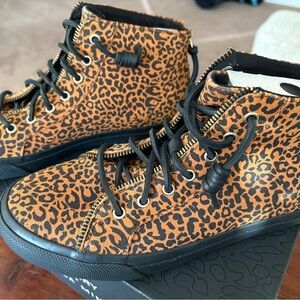 Sperry Brown and Black Sneakers with Bold Leopard Print Design